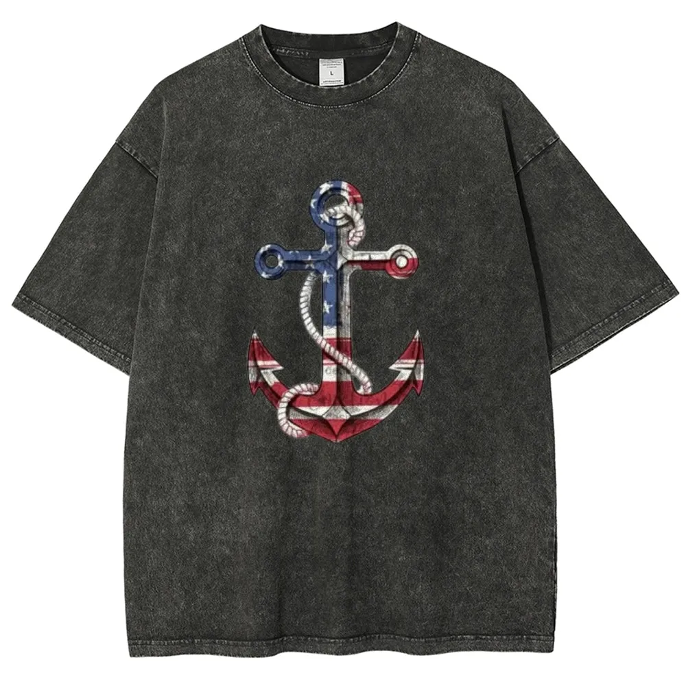 Unisex American Flag Anchor Graphic Vintage Washed Tee