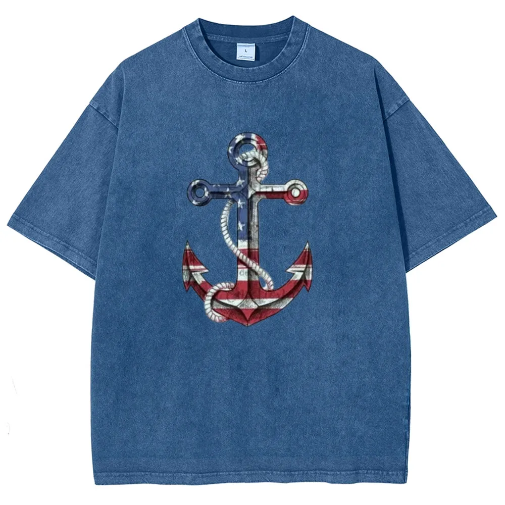 Unisex American Flag Anchor Graphic Vintage Washed Tee