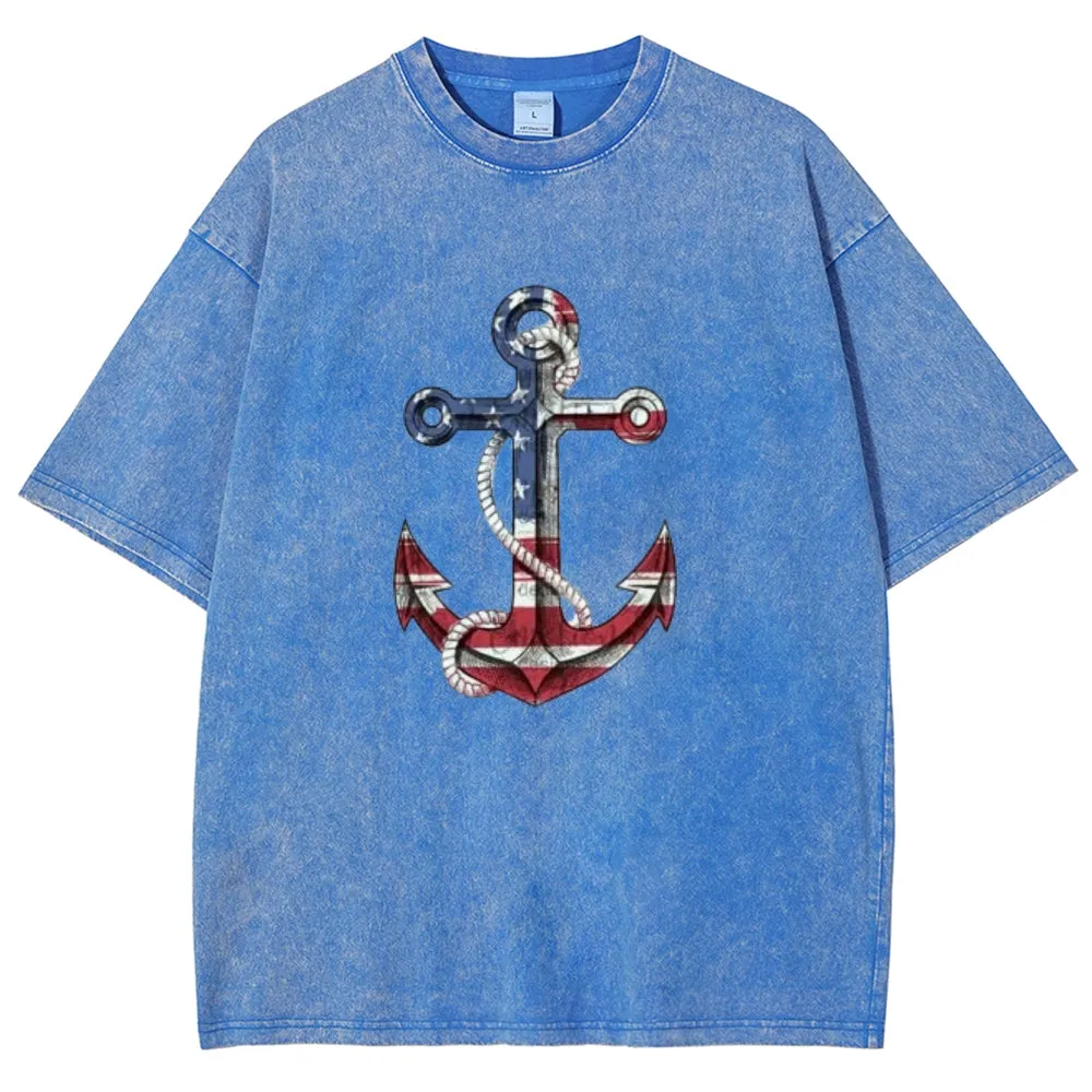 Unisex American Flag Anchor Graphic Vintage Washed Tee
