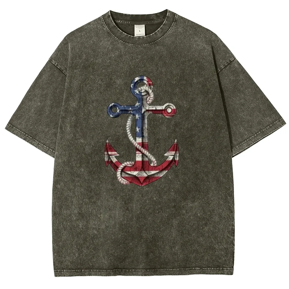 Unisex American Flag Anchor Graphic Vintage Washed Tee