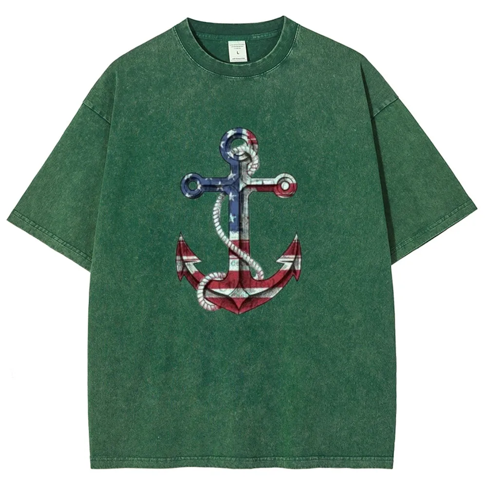 Unisex American Flag Anchor Graphic Vintage Washed Tee
