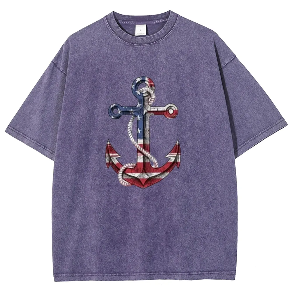 Unisex American Flag Anchor Graphic Vintage Washed Tee