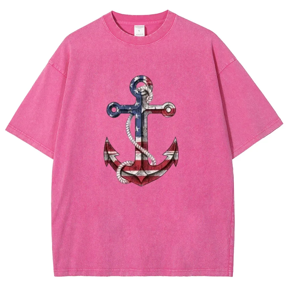 Unisex American Flag Anchor Graphic Vintage Washed Tee