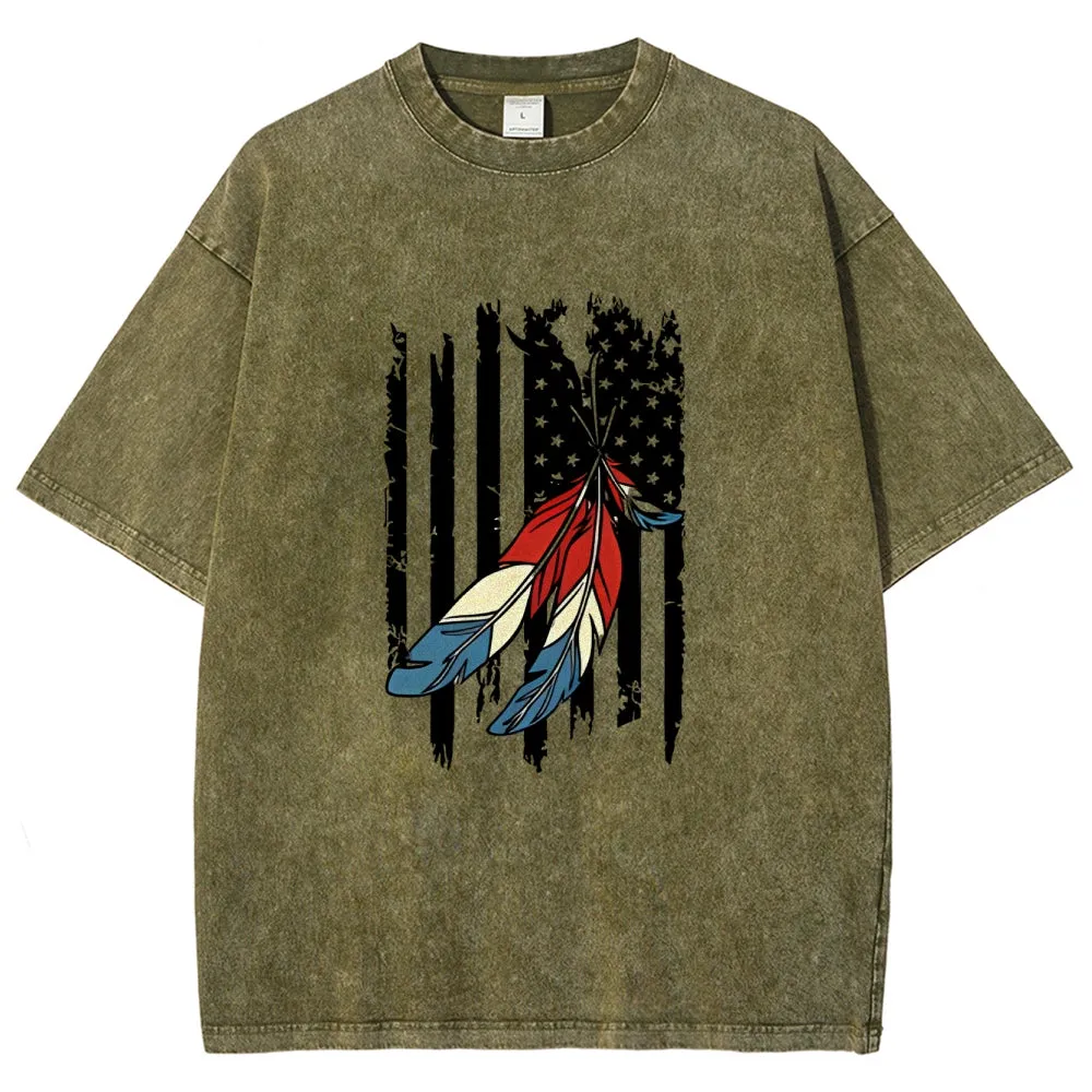 Unisex American Flag Star And Feather Graphic Vintage Washed Tee