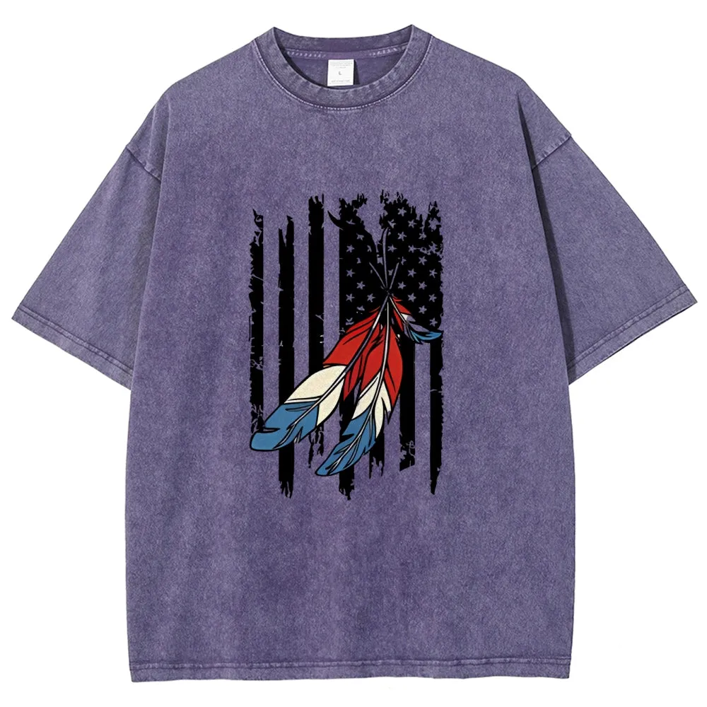 Unisex American Flag Star And Feather Graphic Vintage Washed Tee