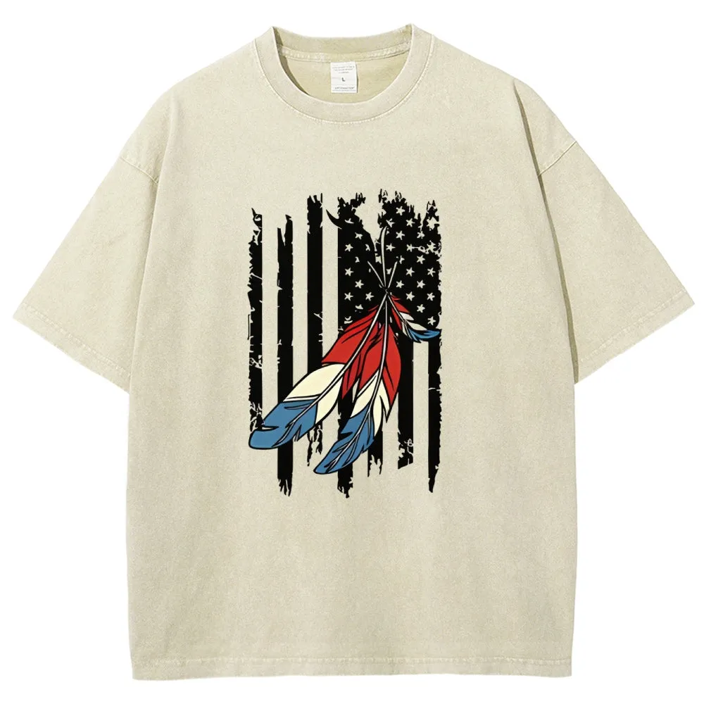 Unisex American Flag Star And Feather Graphic Vintage Washed Tee