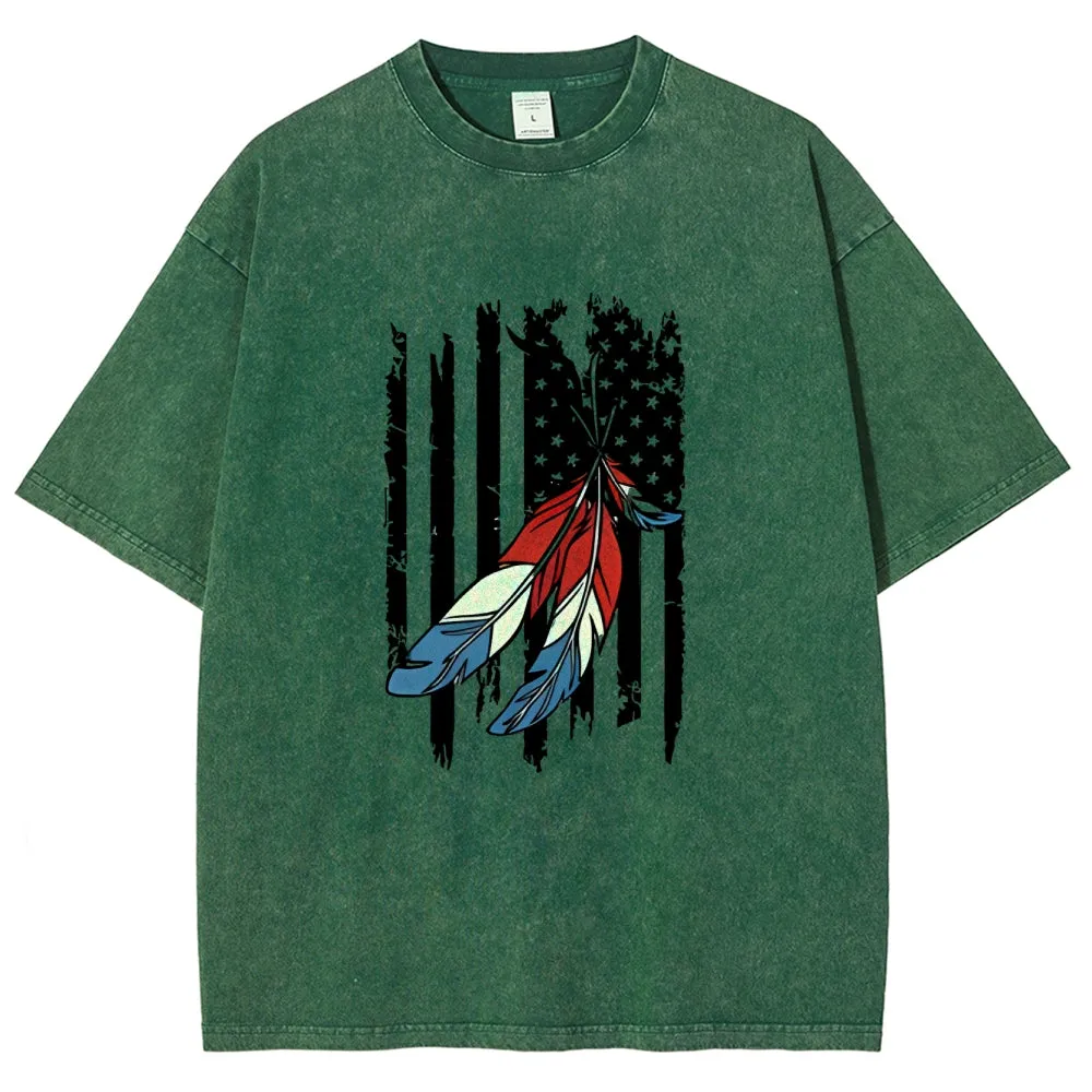 Unisex American Flag Star And Feather Graphic Vintage Washed Tee
