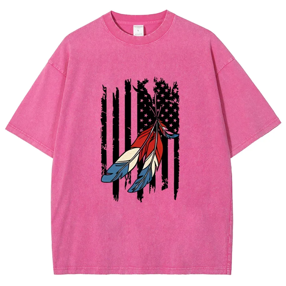 Unisex American Flag Star And Feather Graphic Vintage Washed Tee