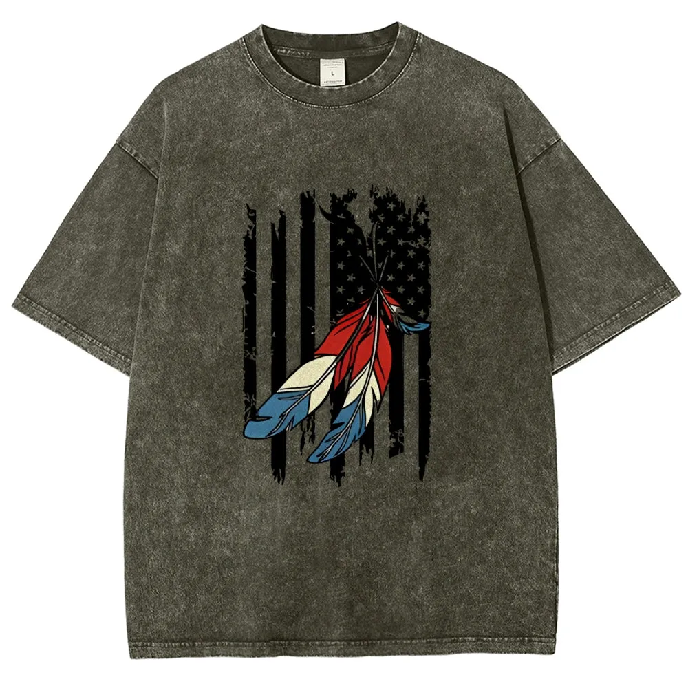 Unisex American Flag Star And Feather Graphic Vintage Washed Tee