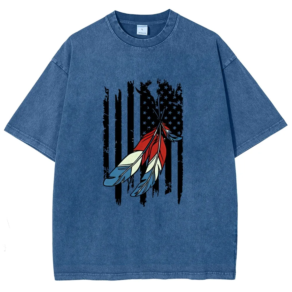 Unisex American Flag Star And Feather Graphic Vintage Washed Tee