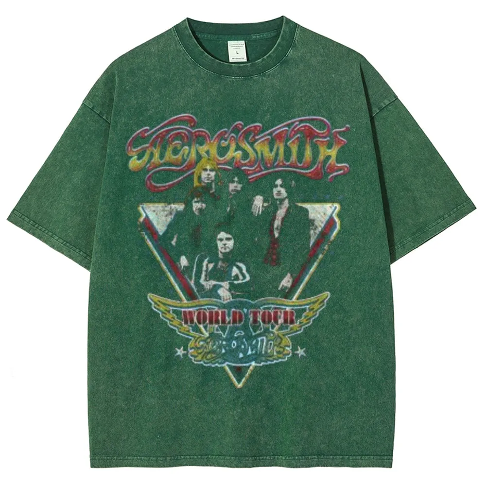 Unisex Vintage Aerosmith World Tour Graphic Short Sleeve Washed T-shirt