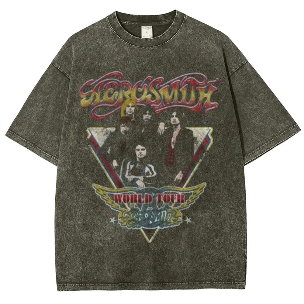 Unisex Vintage Aerosmith World Tour Graphic Short Sleeve Washed T-shirt