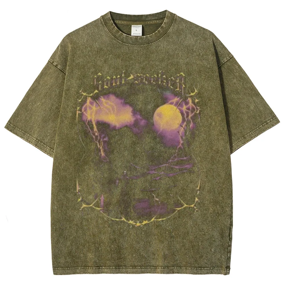 Unisex Vintage Death Darkness Style Graphic Short Sleeve Washed T-shirt