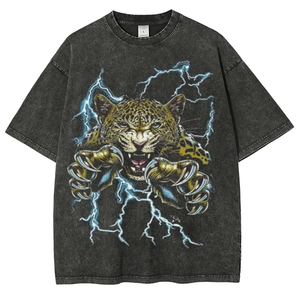 Unisex Vintage Fierce Leopard Darkness Style Graphic Short Sleeve Washed T-shirt