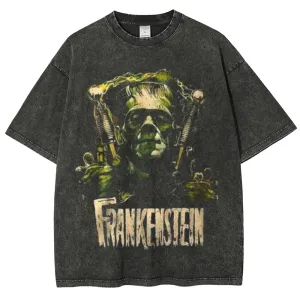 Unisex Vintage Frankenstein Monster Horror Graphic Short Sleeve Washed T-shirt