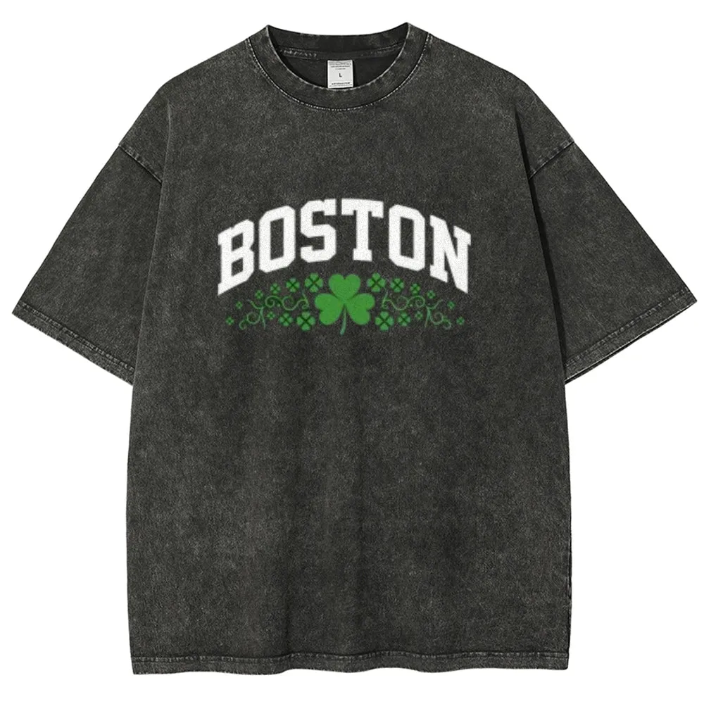 Unisex Vintage Happy St. Patrick's Day Boston Graphic Washed Tee