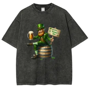 Unisex Vintage Happy St. Patrick's Day Cheer with Beer Graphic Washed Tee