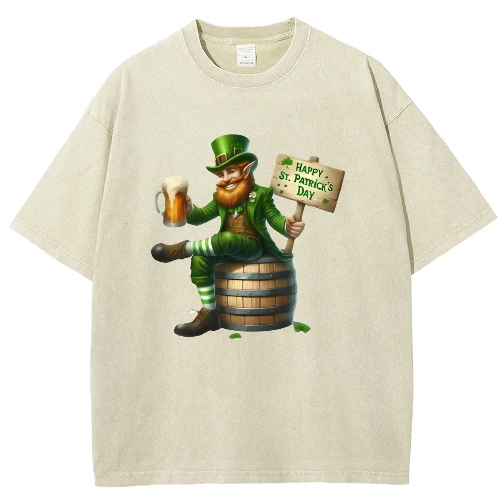 Unisex Vintage Happy St. Patrick's Day Cheer with Beer Graphic Washed Tee
