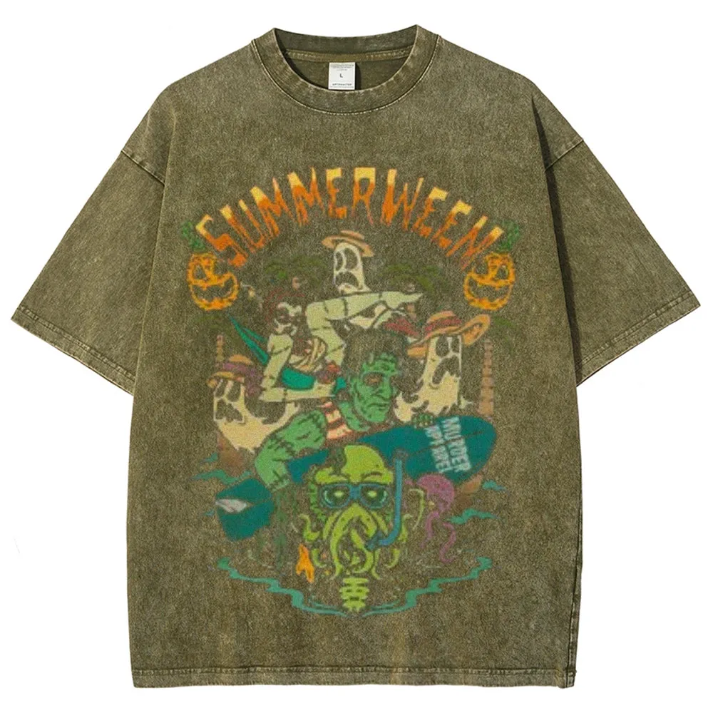 Unisex Vintage Happy Summerween Graphic Short Sleeve Washed T-shirt
