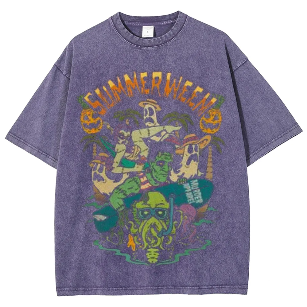 Unisex Vintage Happy Summerween Graphic Short Sleeve Washed T-shirt