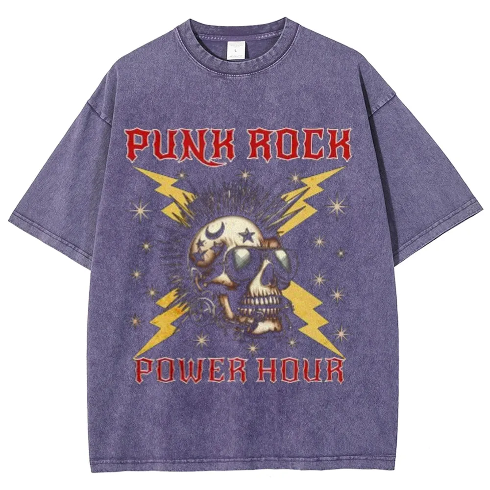Unisex Vintage Punk Rock Short Sleeve Graphic Washed T-shirt