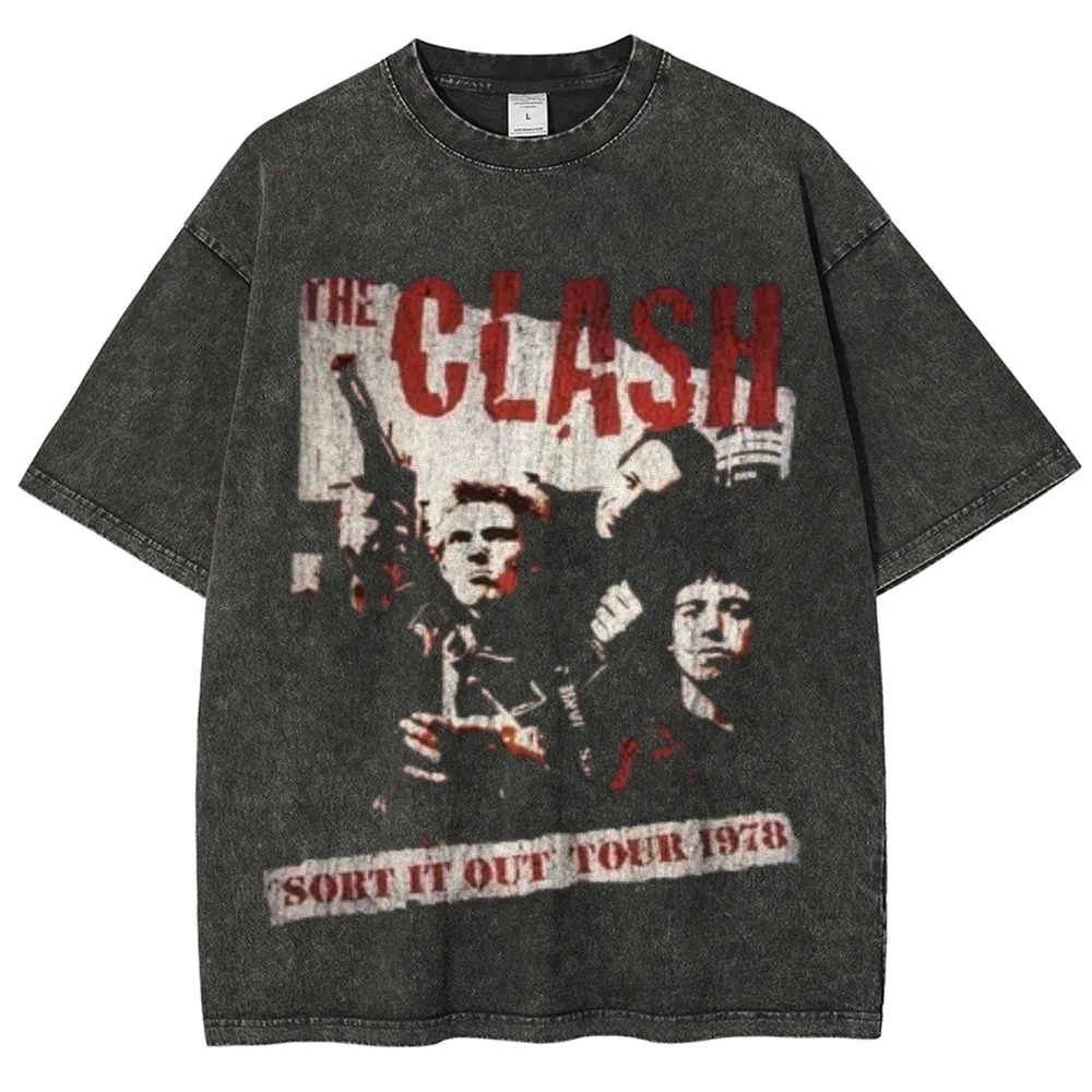 Unisex Vintage The Clash Rock Band Print Short Sleeve Casual Graphic Washed T-shirt