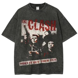 Unisex Vintage The Clash Rock Band Print Short Sleeve Casual Graphic Washed T-shirt