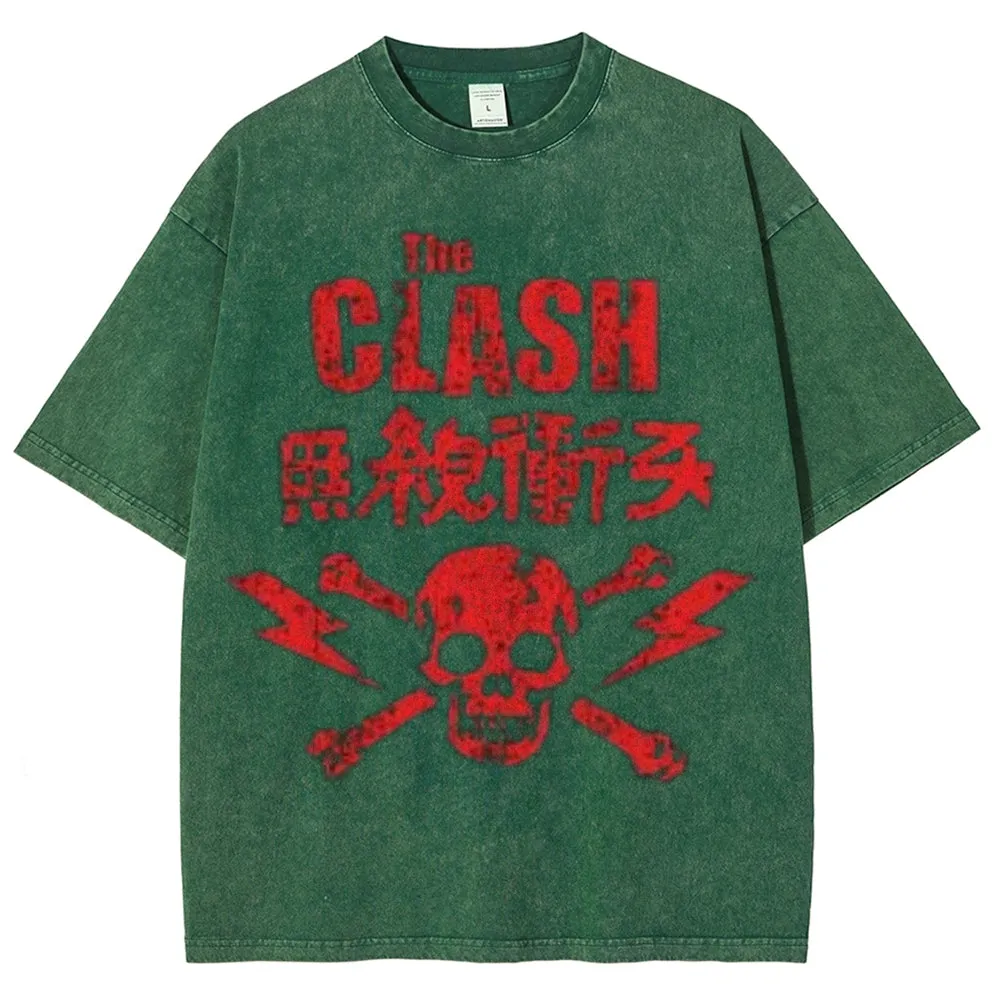 Unisex Vintage The Clash Rock Band Print Short Sleeve Casual Graphic Washed T-shirt