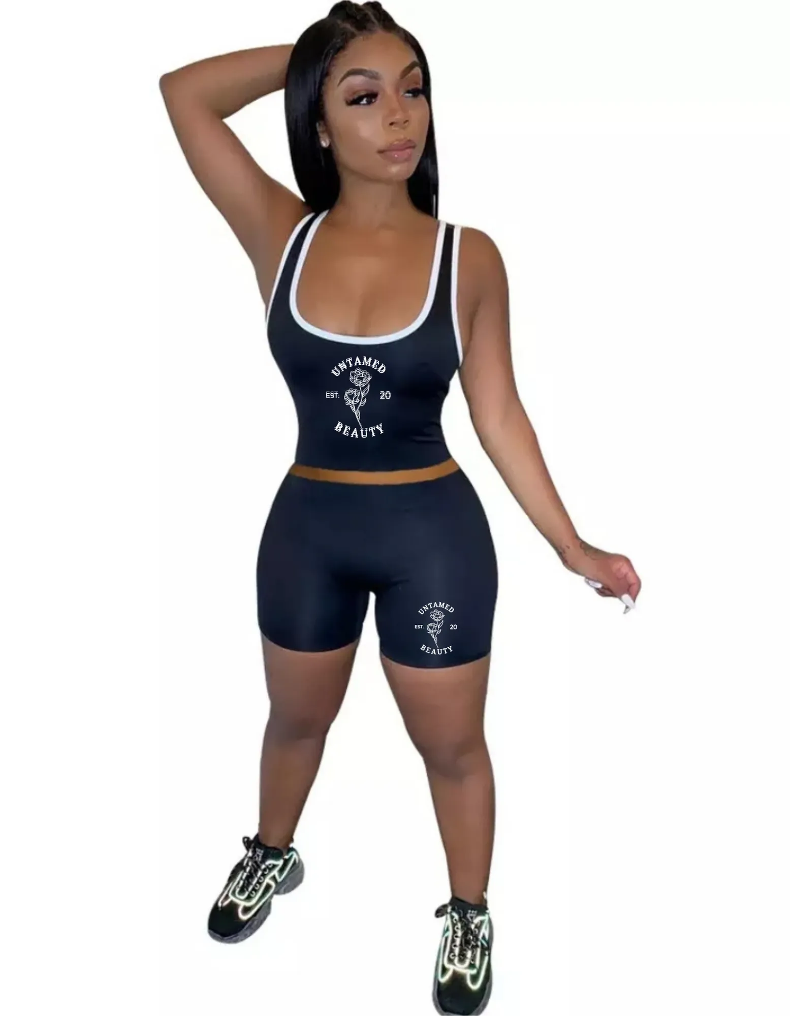 Untamed Beauty - Sleeveless Crop Top Biker Shorts Set