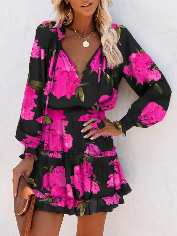 V-Neck Dress with Smocked Waist and Ruffle Skirt