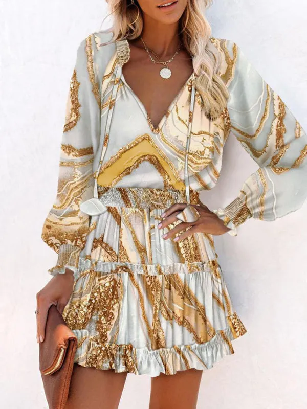 V-Neck Dress with Smocked Waist and Ruffle Skirt