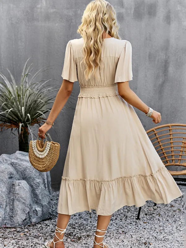 V-neck Long Skirt Dress with Smocked Waist and Side Slit