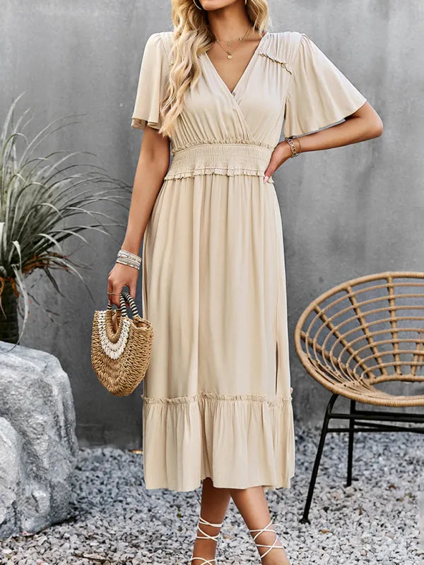 V-neck Long Skirt Dress with Smocked Waist and Side Slit