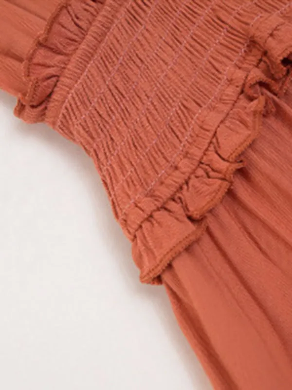V-neck Long Skirt Dress with Smocked Waist and Side Slit