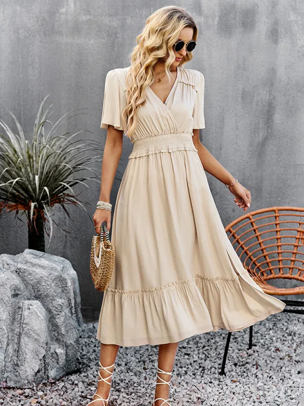 V-neck Long Skirt Dress with Smocked Waist and Side Slit