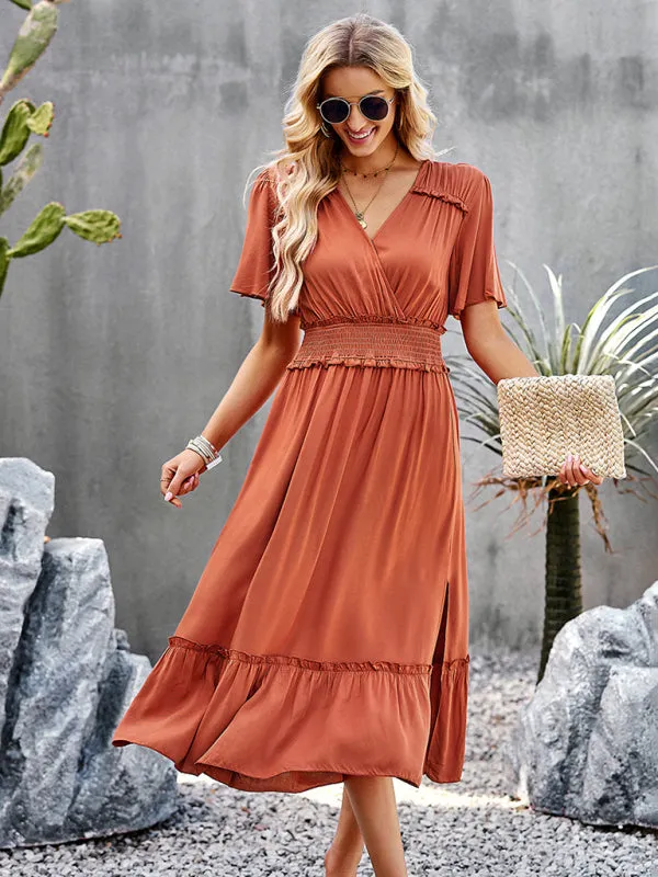 V-neck Long Skirt Dress with Smocked Waist and Side Slit