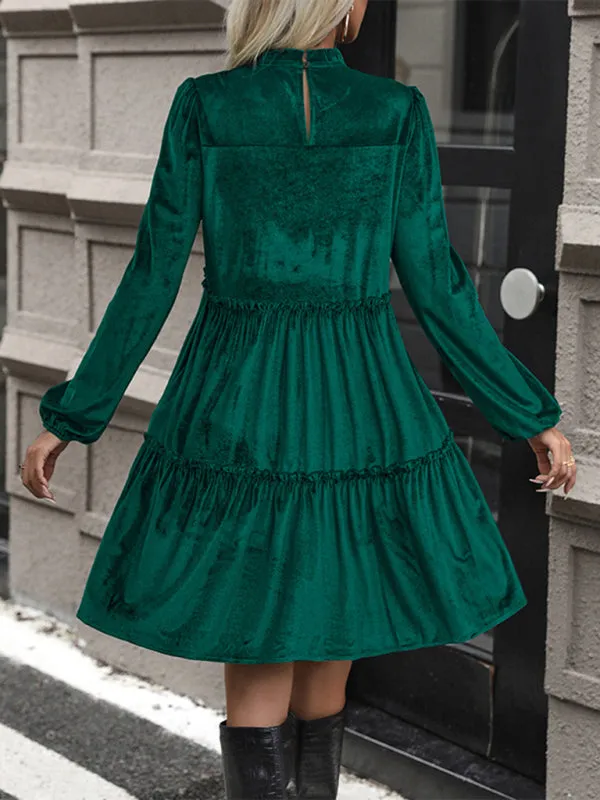 Velvet Mini Dress with Smocked Bodice and Tiered Ruffles