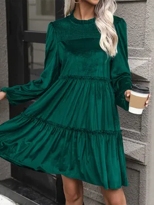 Velvet Mini Dress with Smocked Bodice and Tiered Ruffles
