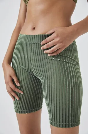 Velvet Stripe Biker Short- Green
