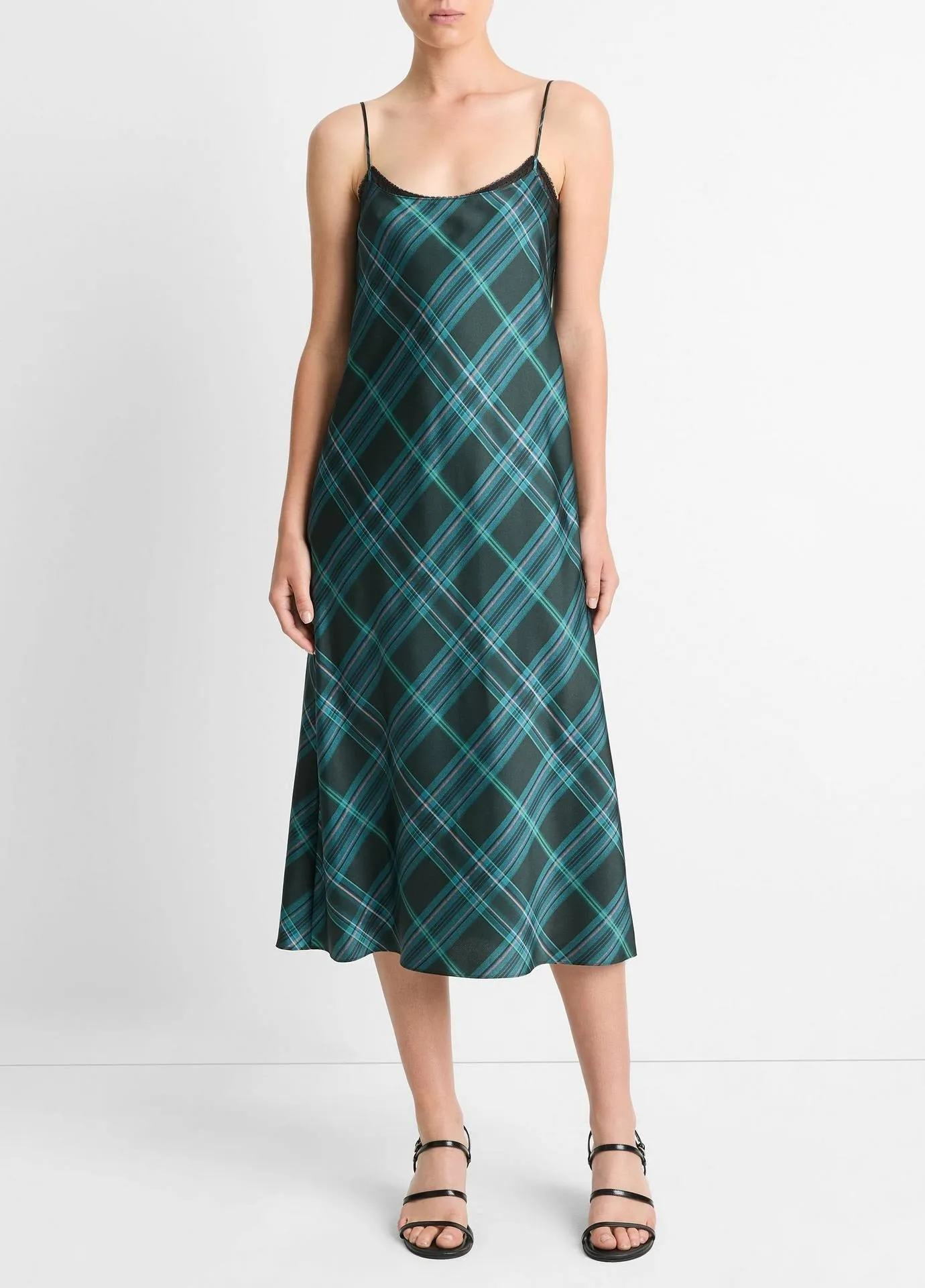 Vince Plaid Lace Trim Slip Dress in Jade Onyx