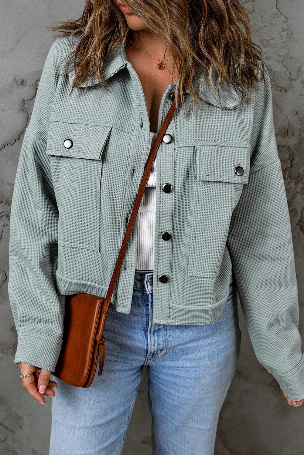 Waffle Knit Buttons Cropped Blue Jacket with Pockets