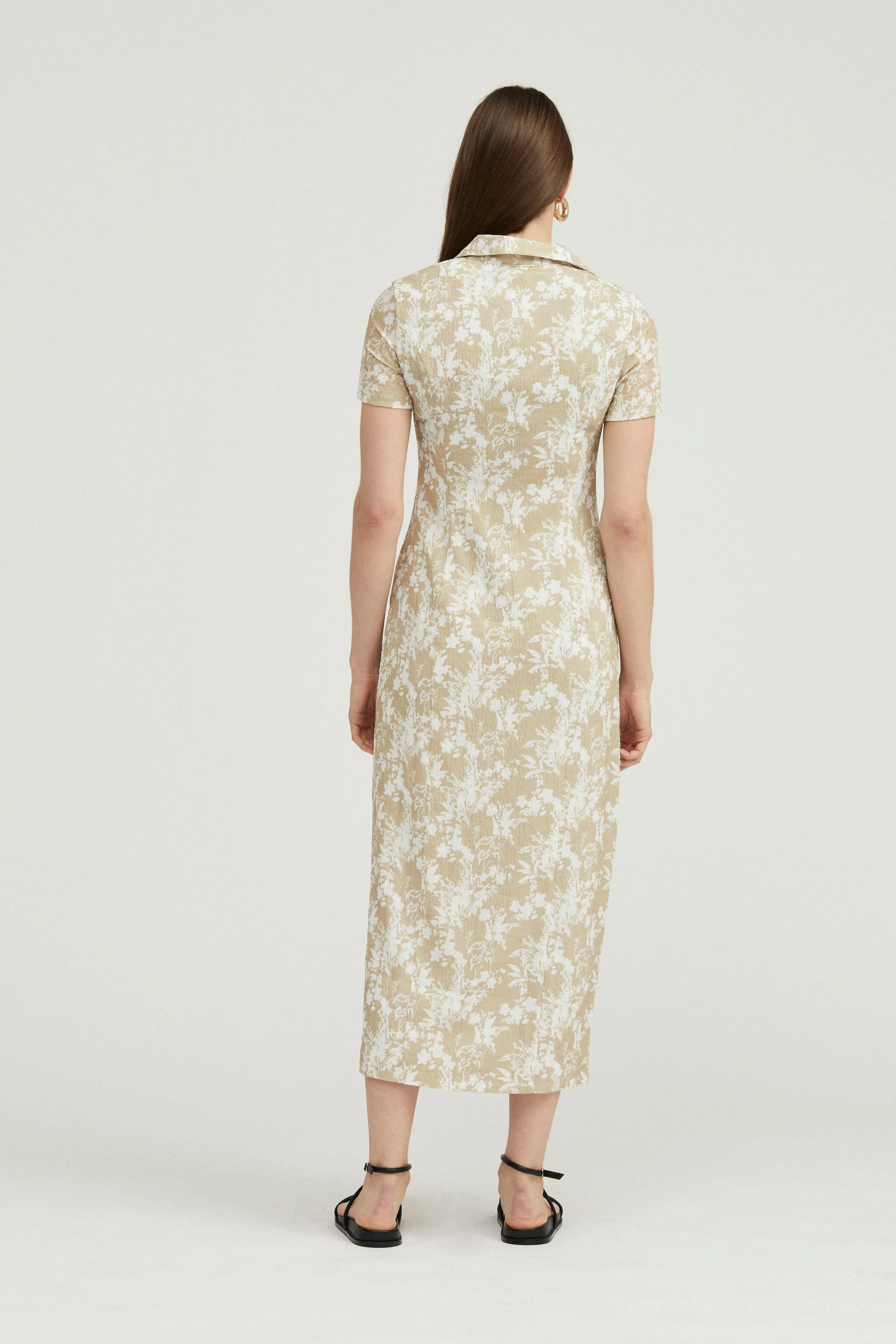 WAFFLE MIDI SHIRT DRESS | BEIGE FLORAL