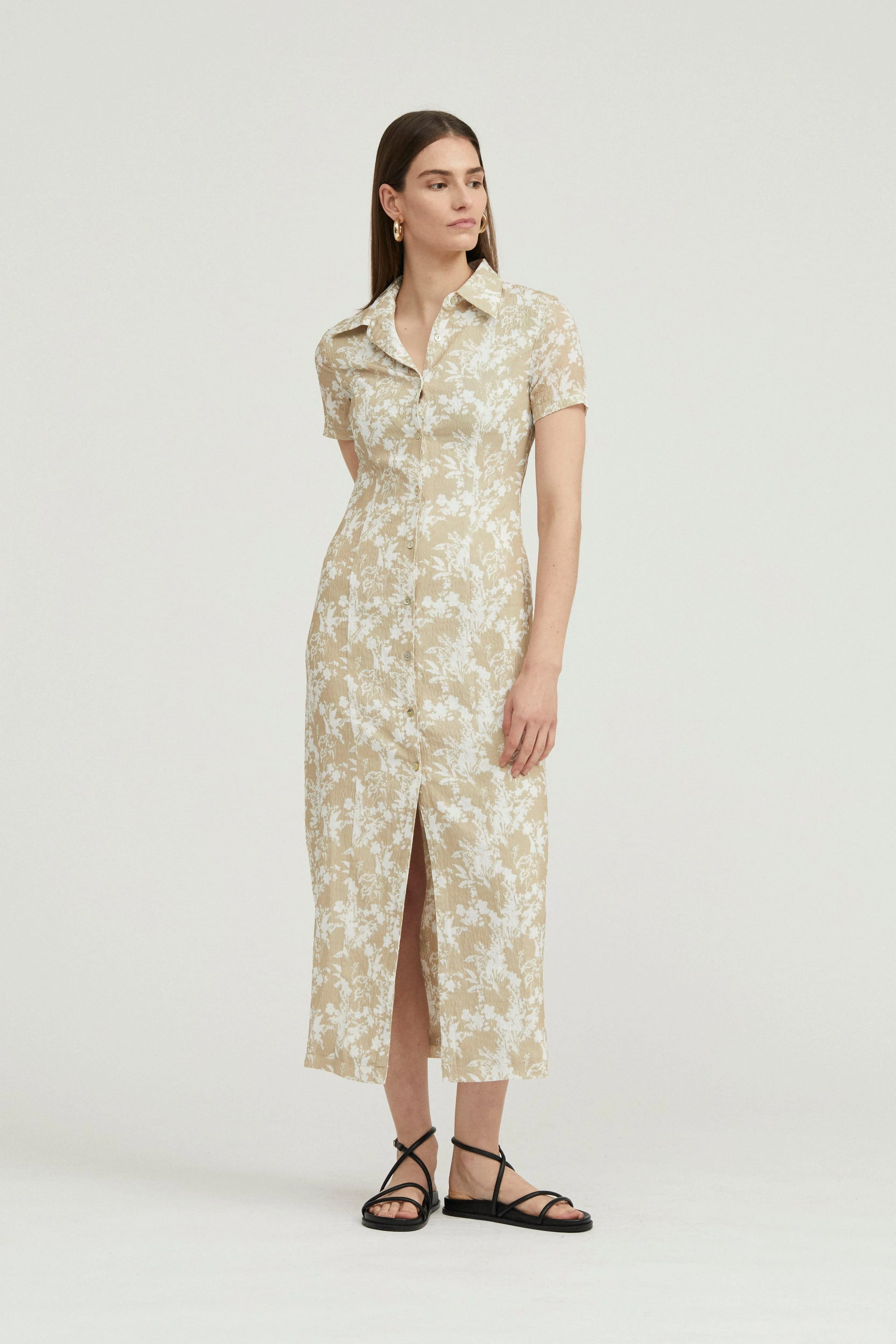 WAFFLE MIDI SHIRT DRESS | BEIGE FLORAL