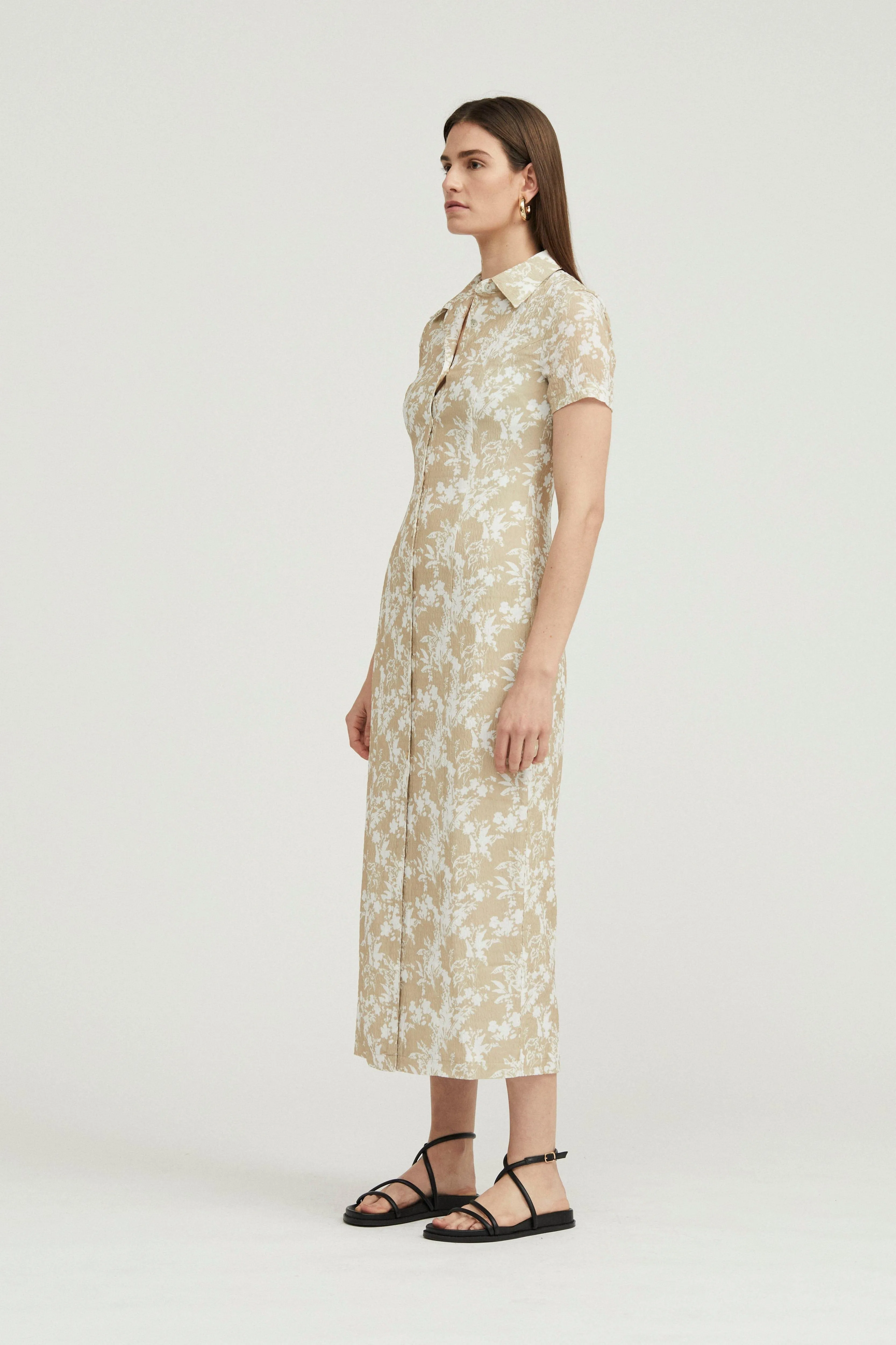 WAFFLE MIDI SHIRT DRESS | BEIGE FLORAL