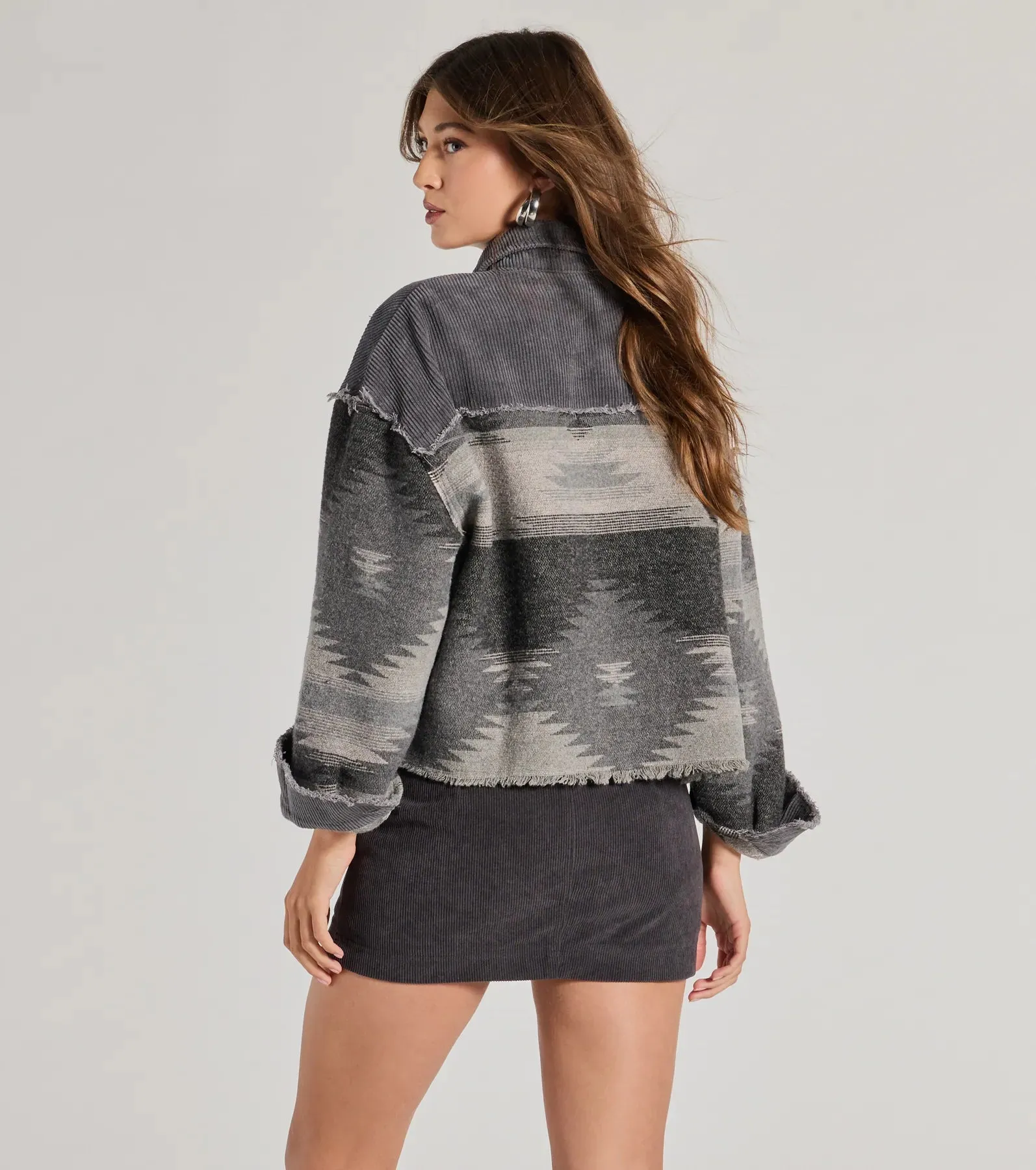 Western Trend Corduroy Trim Woven Shacket
