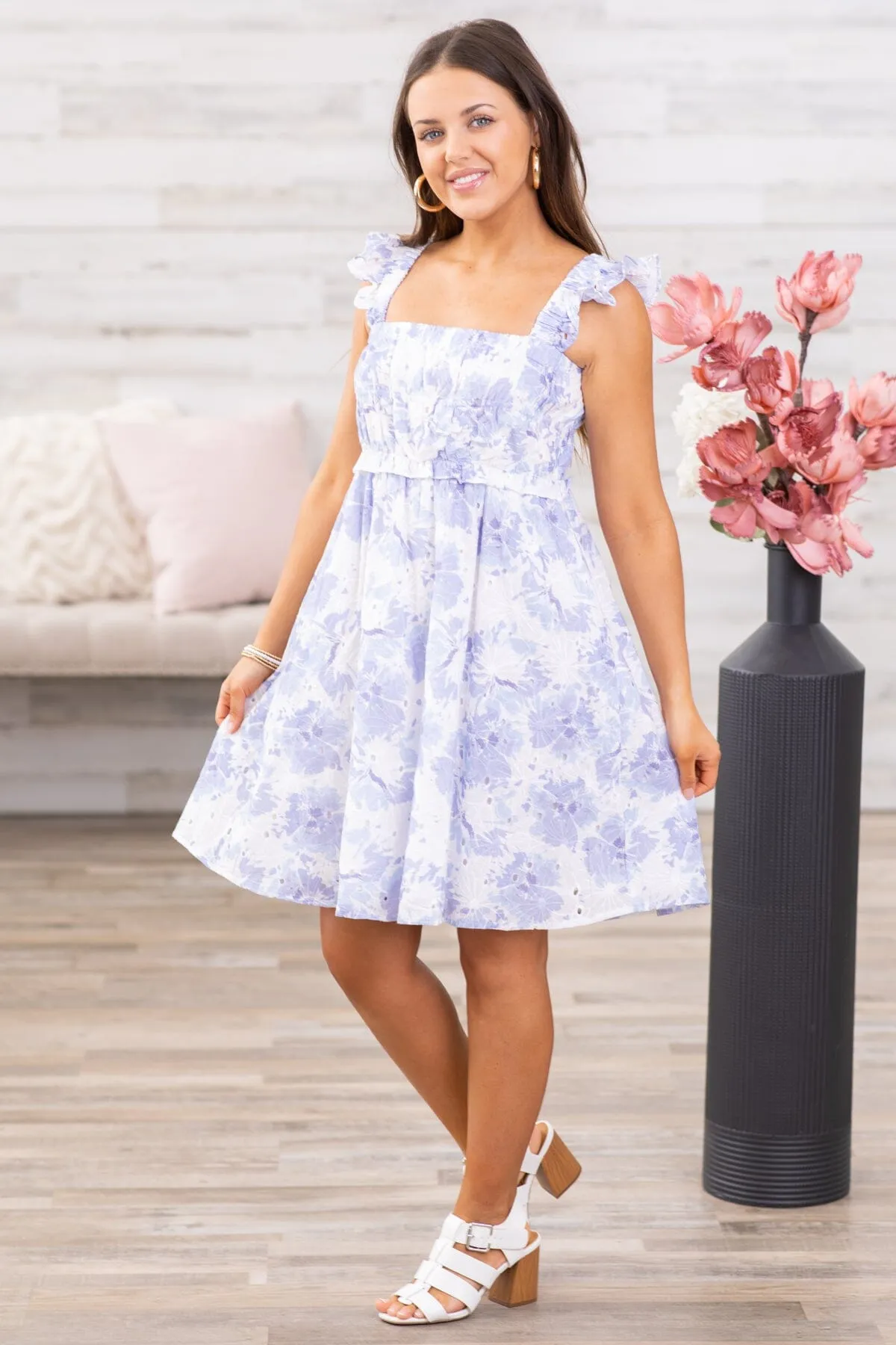 White and Blue Floral Smocked Bodice Dress