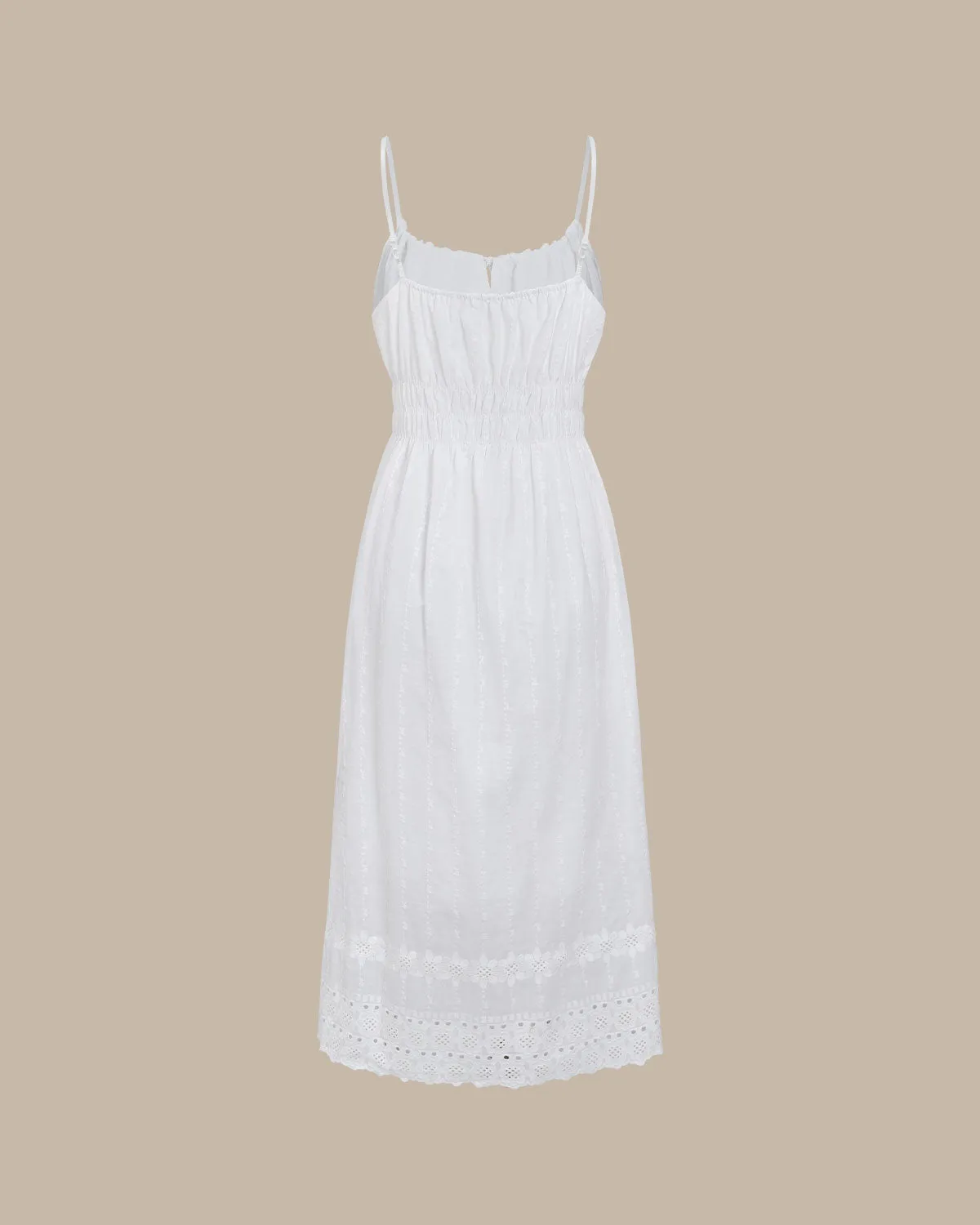 White Embroidery Shirred Slip Midi Dress