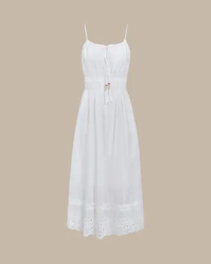 White Embroidery Shirred Slip Midi Dress