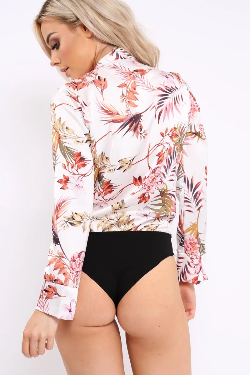 White Floral Plunge Satin Bodysuit - Rebeka