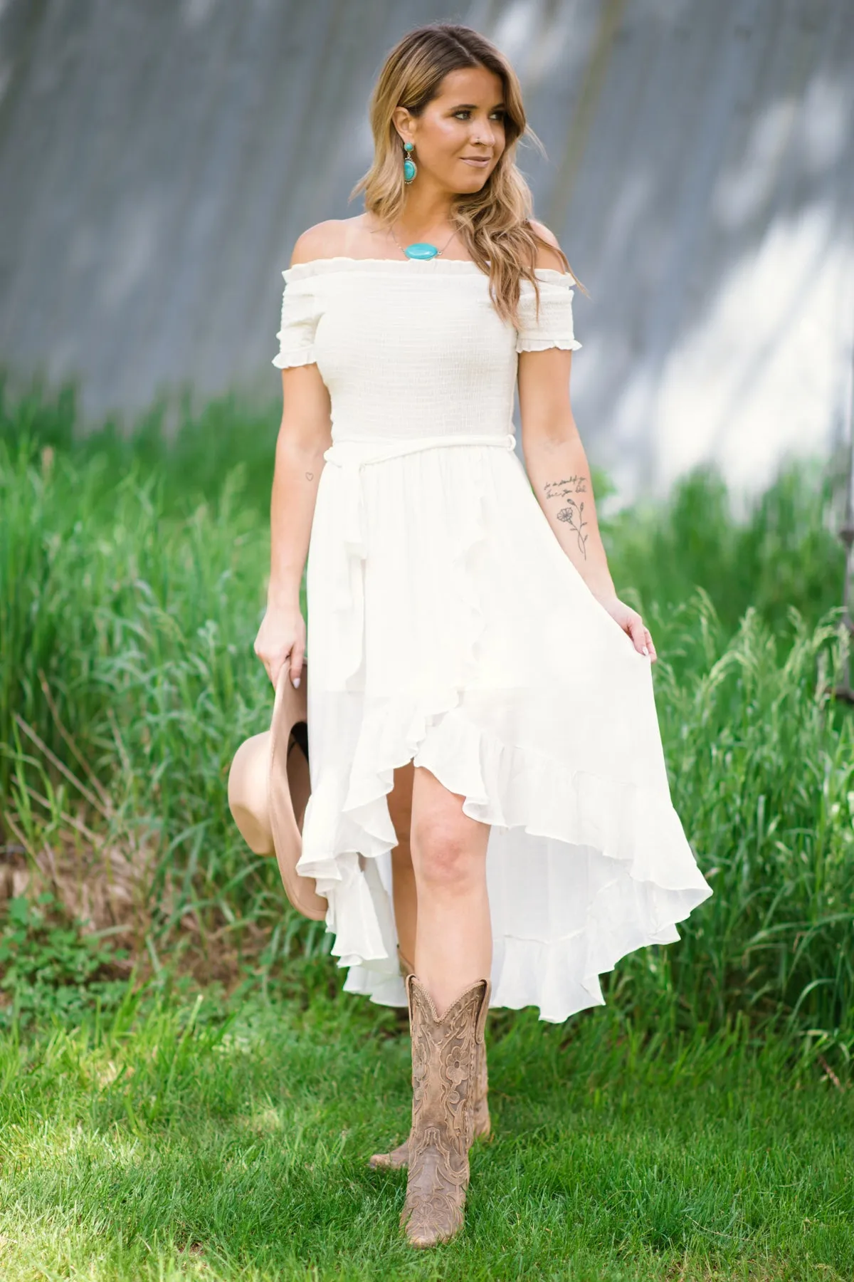 White Smocked Bodice Off The Shoulder Dress